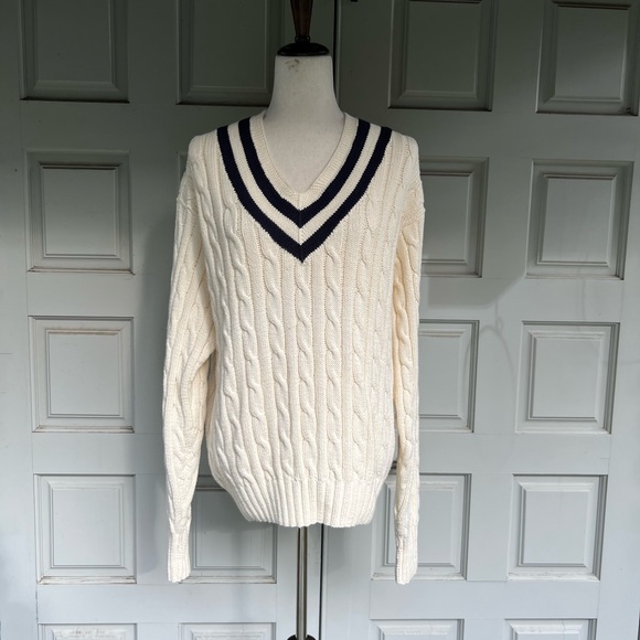 Polo Ralph Lauren Other - Polo Ralph Lauren Cable Knit V Neck Cricket Cream Stripes Sweater Men’s XL